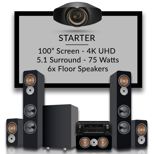 Starter Home Theater Package - 100" Screen - 4K Projector - 5.1 Surround Sound - 6 Floor Standing Speakers - 75 Watts Per Channel AVR Amplifier